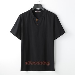 Men’s Stand-up Collar Short Sleeve Cotton Hemp Summer T-shirt Loose Linen V-neck
