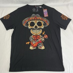 AY GUEY “Chapatin” Men’s Beaded Short Sleeve Tee Mexican Skull Mariachi Black XL