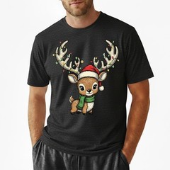 Cute Baby Reindeer T-Shirt Christmas Lights Santa Hat Kawaii Animal Holiday Gift