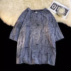Men Retro Thin Short Sleeve Shirt Ripped Hollow Blouse American Style Tops Soft