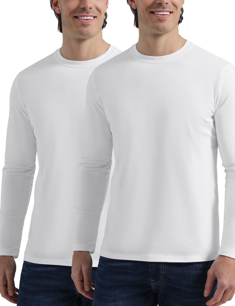 Men’s 2 Pack Long Sleeve Soft Casual Cotton Crew Neck Shirts (White, XL)