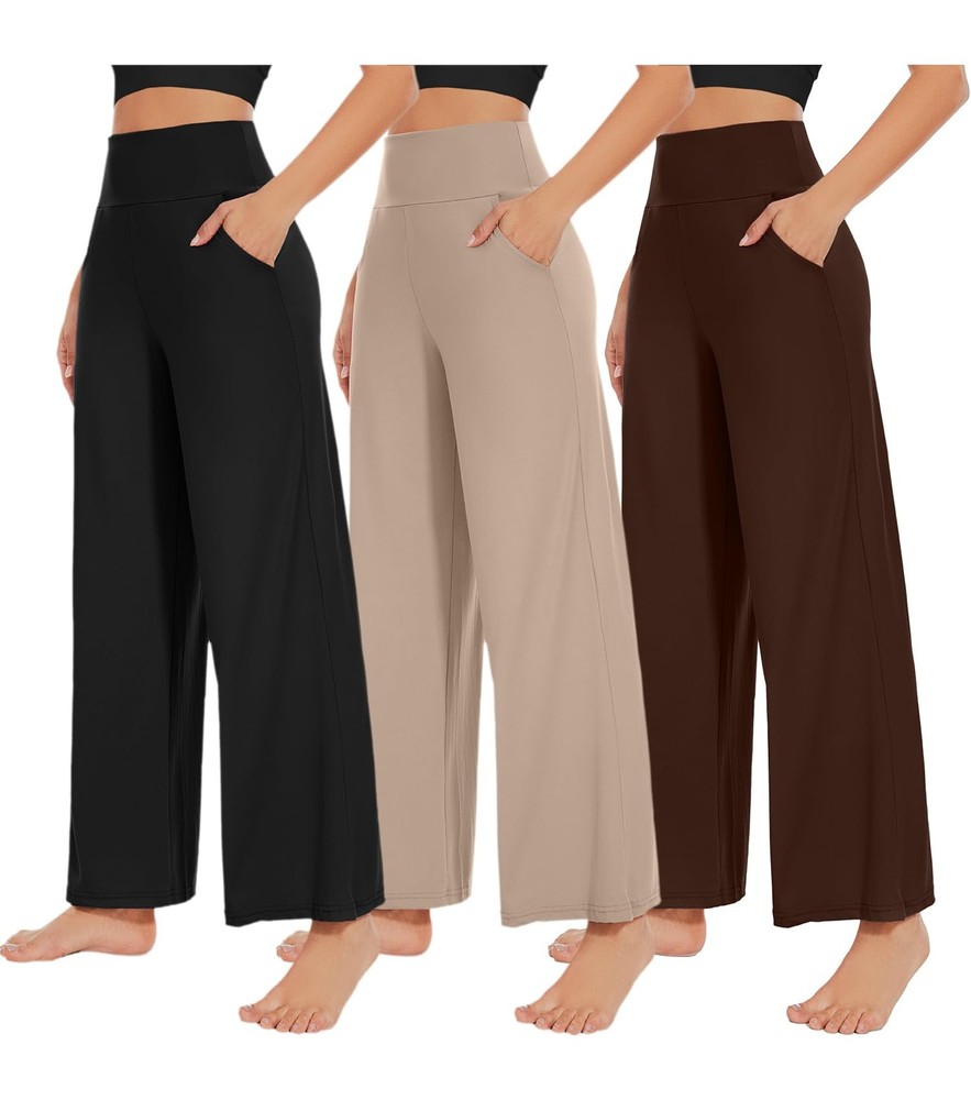 3 Pack Women’s Wide Leg Pants with Pockets High Waist Loose Sweatpants Casual…