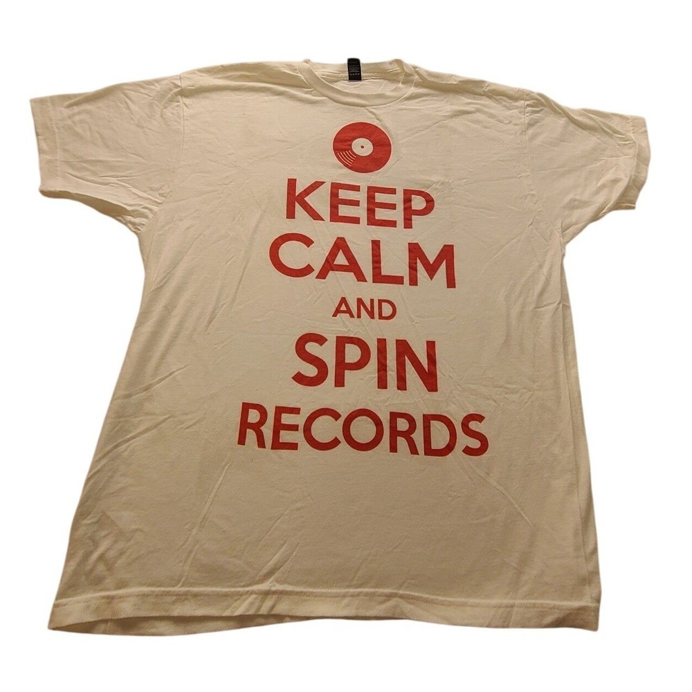 Tultex Keep Calm and Spin Records Graphic T-Shirt Men’s XL White Red DJ Vinyl