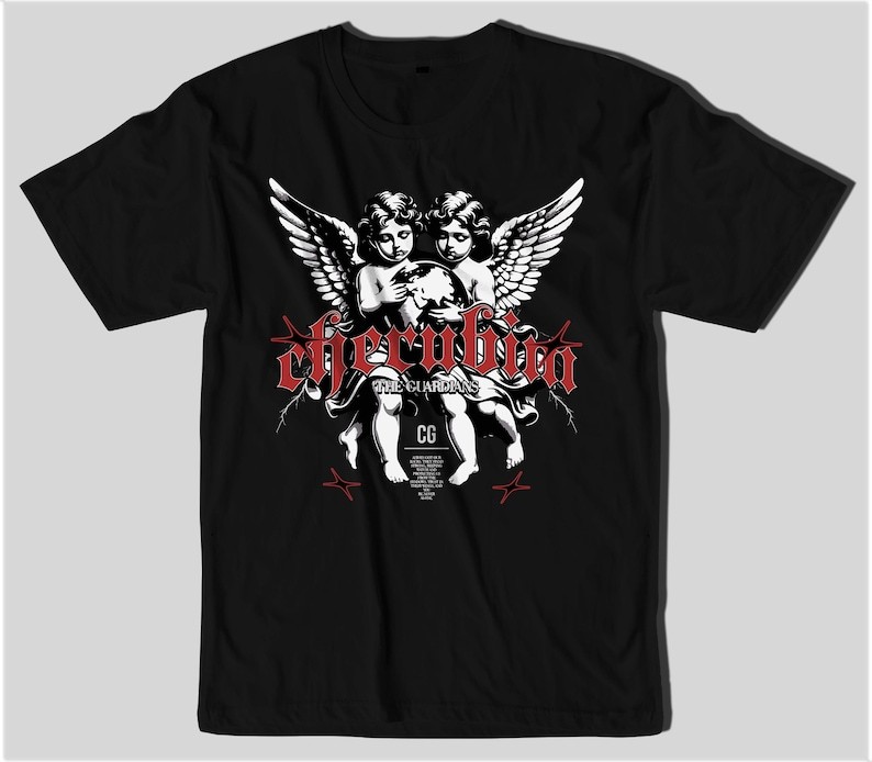 Cherubim Guardian T-Shirt, Badass Fighters Punk Rock Tee, Gothic Angel Streetwea