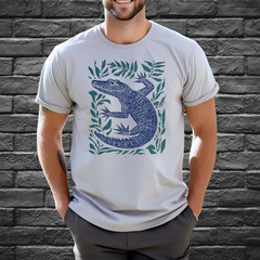 Blue Alligator Shirt Leaf Border Graphic Nature Animal Print Tshirt gray