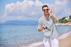 Men’s Cotton Hemp Long Sleeve Casual Beach Henley Shirt (Grey Blue Stripe,2XL)