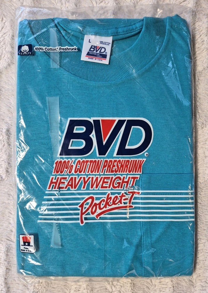 Vintage New BVD Heavyweight Pocket T-shirt Cotton Men’s Large Teal Made In USA