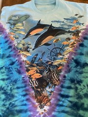 Vintage 90s Y2K Liquid Blue Aquatic Oceanlife Tie Dye Shirt Medium Fish Animals