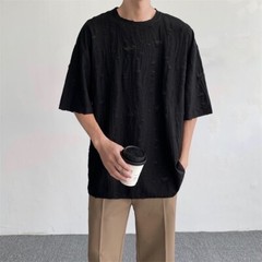 Men Retro Thin Short Sleeve Shirt Ripped Hollow Blouse American Style Tops Soft