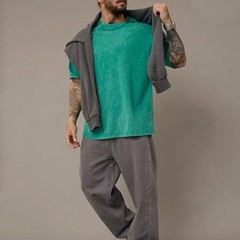 Menswear Retro Washed Tee Casual Summer Wear 95%Cotton 5%Spandex Solid Color