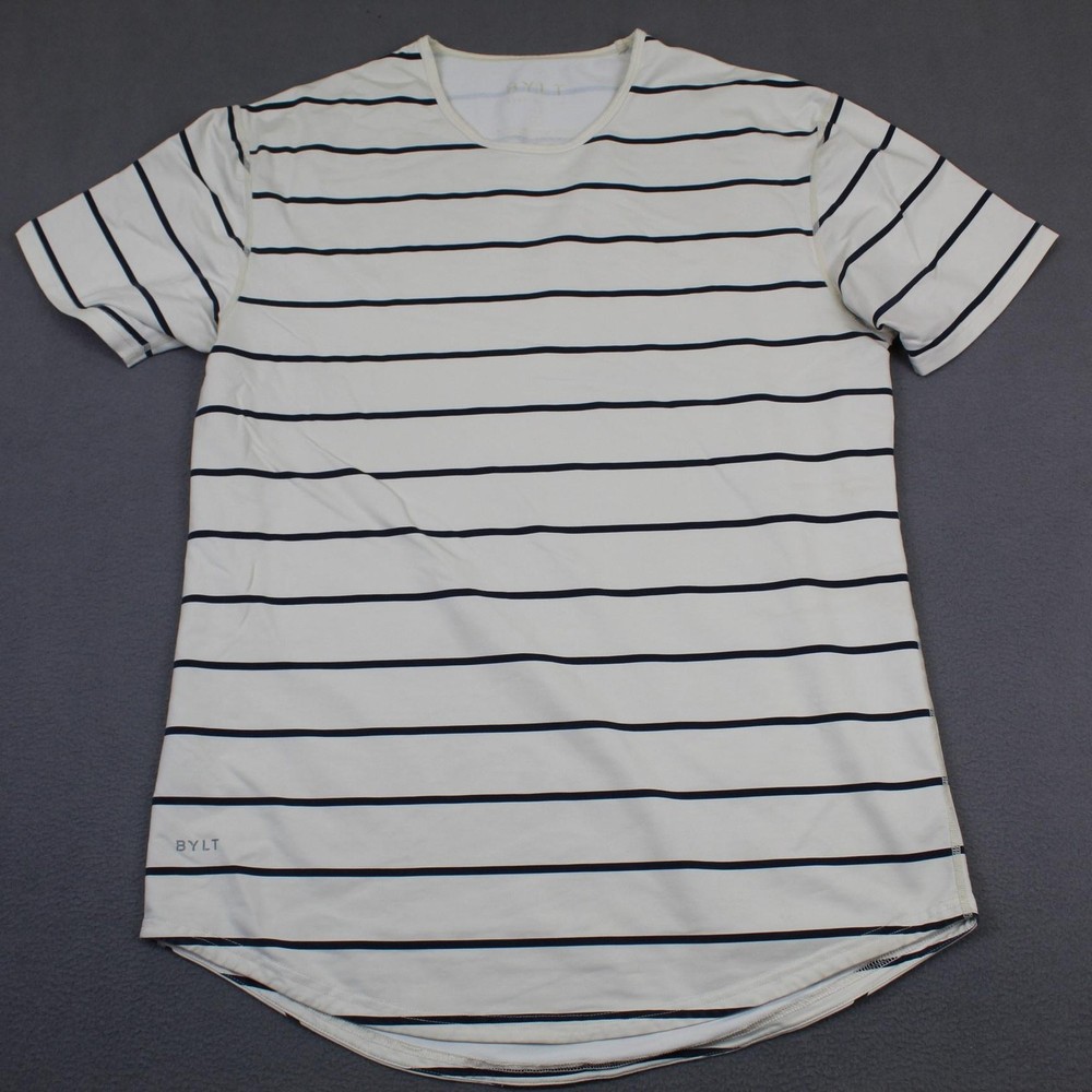 BYLT Shirt Mens Large White Striped Drop Cut S/S Lux Curved Hem Crewneck Tee