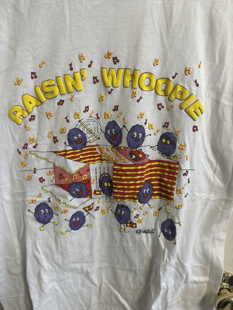 VNT 90s Single Stitch raisin Whoopie Funny Graphic Puffy Paint T-Shirt Thin Sz L