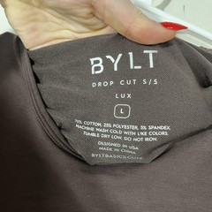 BYLT Drop Cut LUX Shirt Mens Large Brown Teal Stripe Short Sleeve Tee Tagless