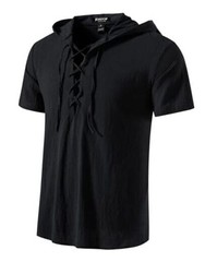 Men’s Cotton Vintage Hooded Design Short Sleeve Lace up Shirts for Large Black