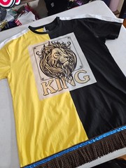100% Cotton Two Tone Yellow/Black Tee Shirt Lion of Judah King Brown Fringes