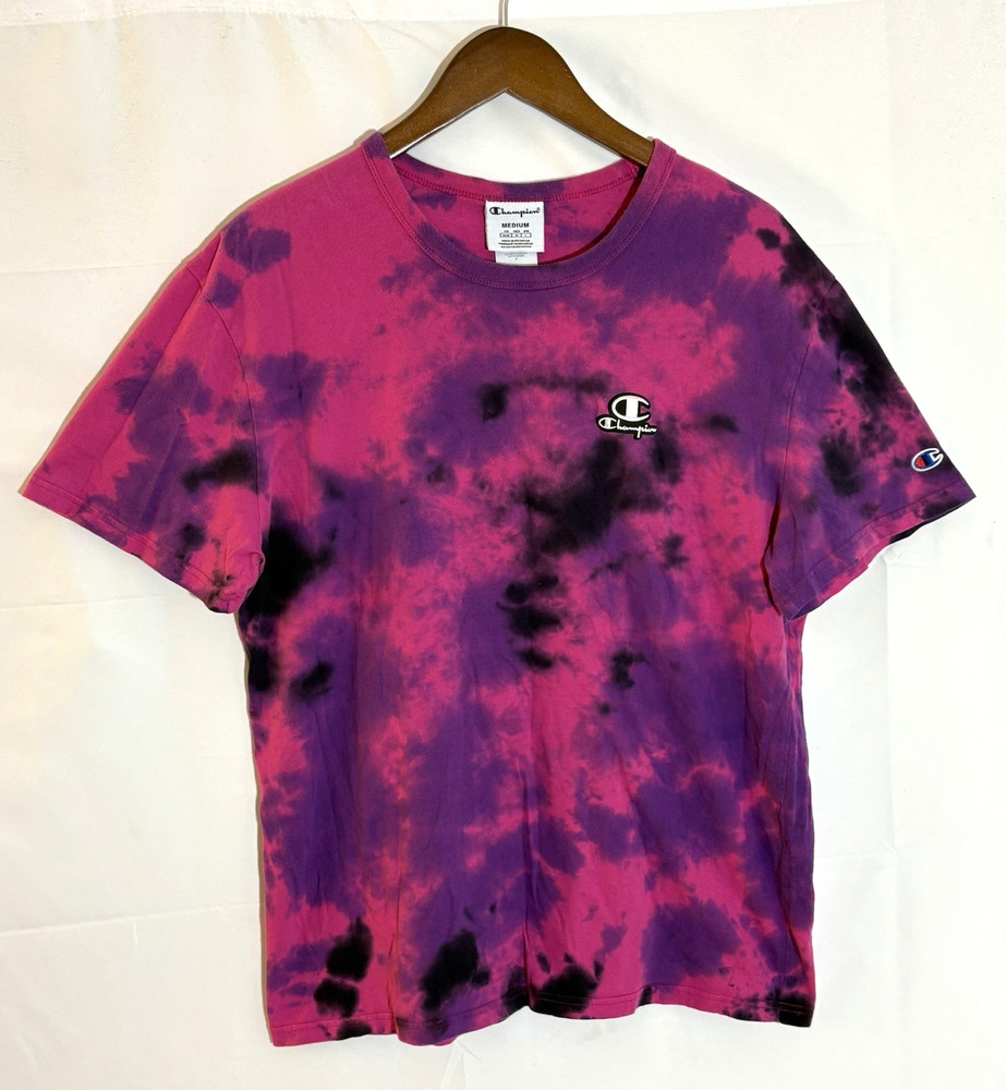Champion Men’s Medium Pink Purple & Black Tie Dye Short Sleeve T-Shirt Tee