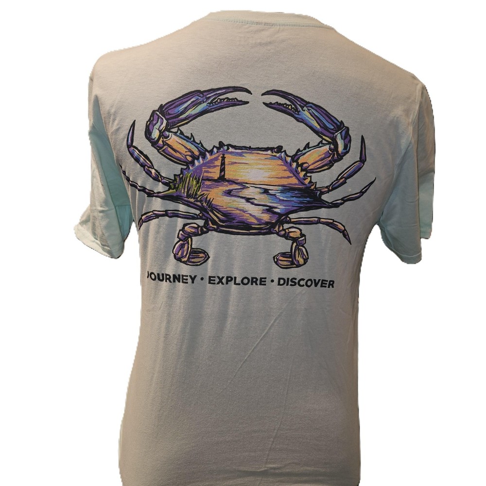 New JEDCO Blue T SHIRT with a Crab lighthouse beach scene