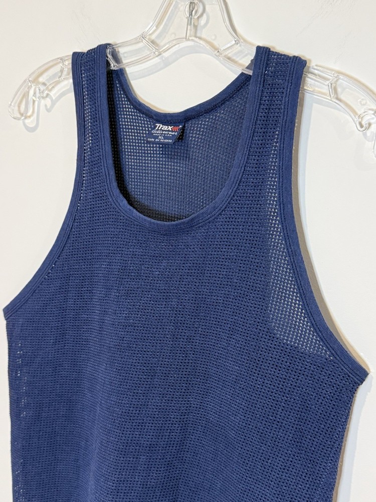 Vintage 70s 80s Trax Activewear Mesh Sheer Blue Tank Top Sz XL Men’s Retro USA