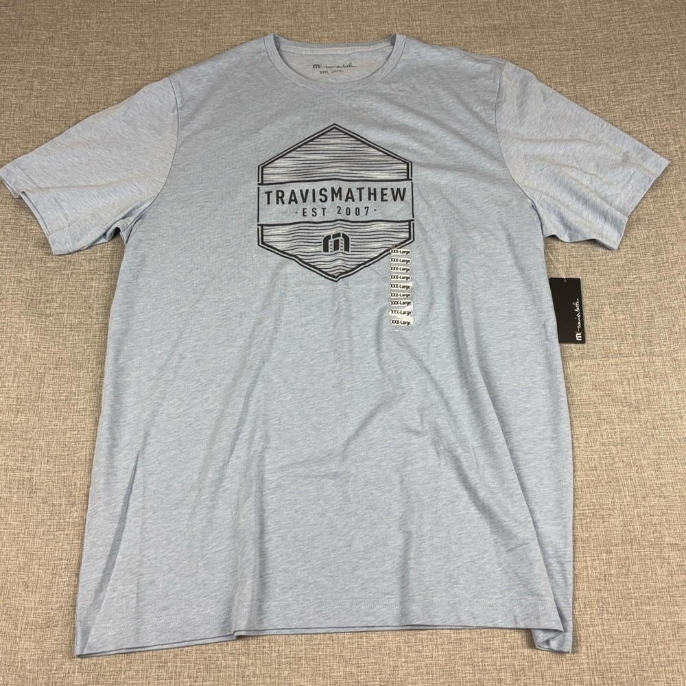 TravisMathew Shirt Mens 3XL Light Blue Est 2007 Logo Graphic Tee Tagless Jersey