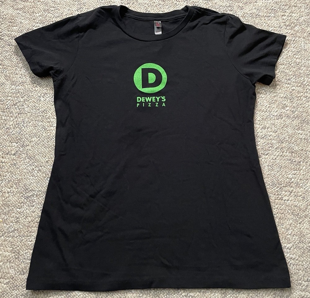 Dewey’s Pizza Women’s Black T Shirt Staff Tee Dew More Sz L (fits smaller)