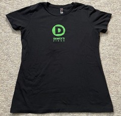 Dewey’s Pizza Women’s Black T Shirt Staff Tee Dew More Sz L (fits smaller)
