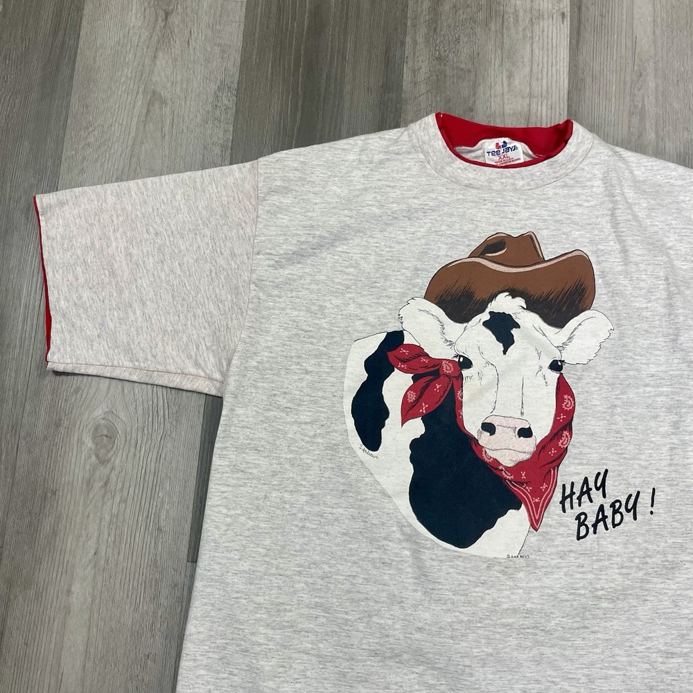 Vintage 1992 Hay Baby Funny Cow Size XL Country Farm Animal Cowboy Nature Tshirt