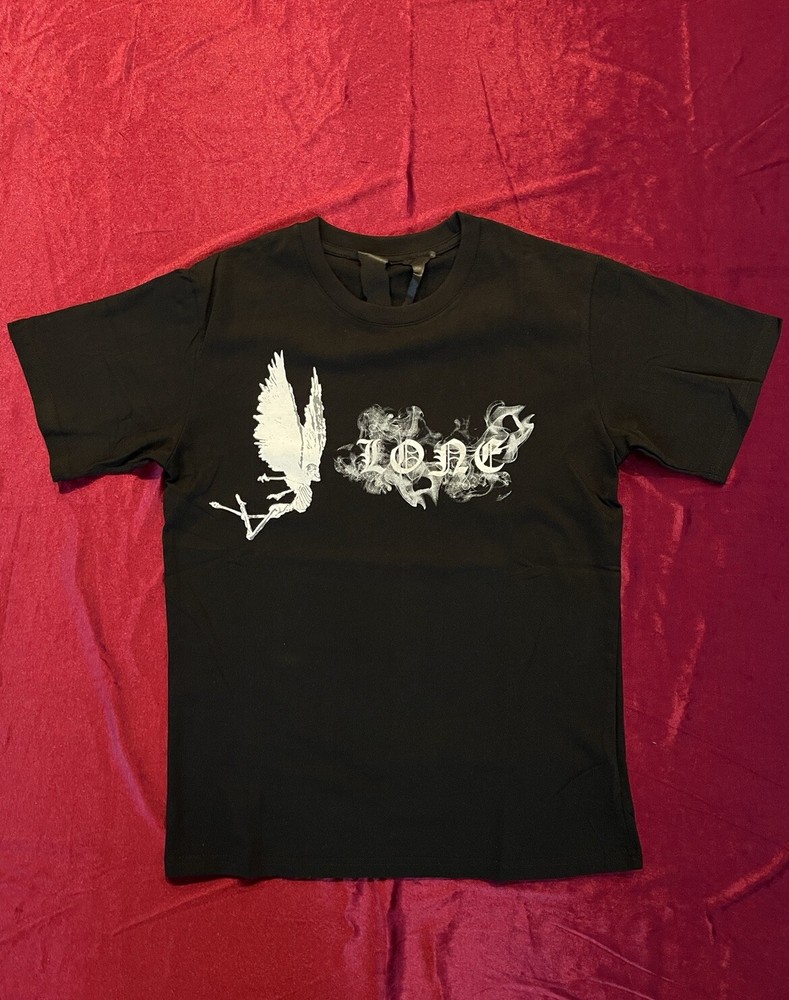 Black Round Neck V Lone T Shirt Angel Smoke White Print 100% Cotton Sz Small