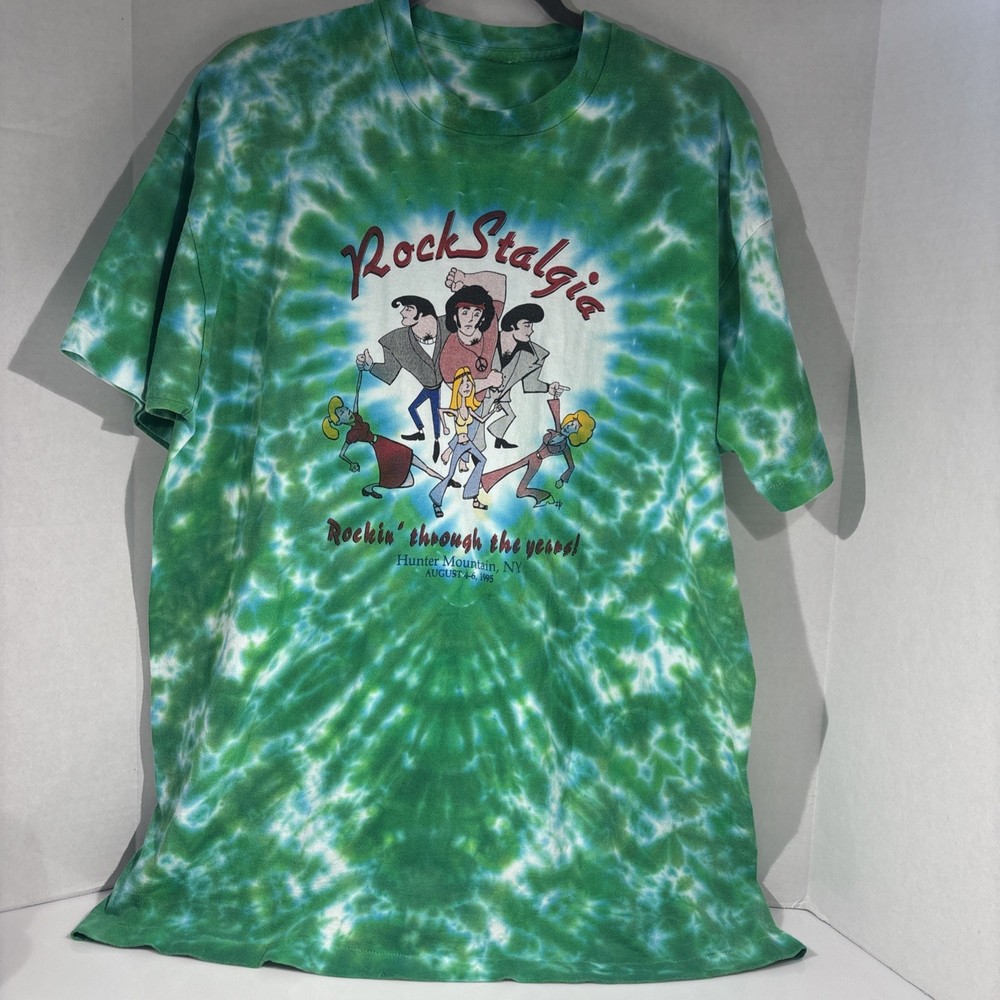 Vintage 1995 RockStalgia Hunter Mountain Festival T Shirt Green Tie Dye 90s Xl