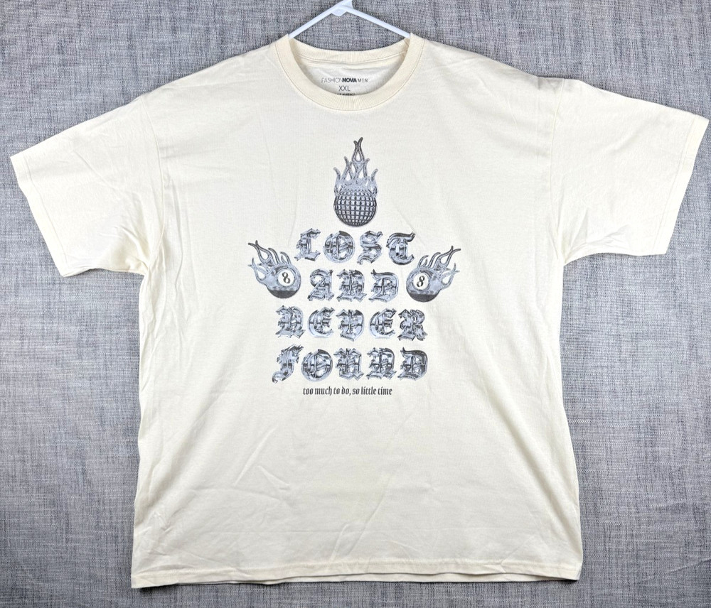 Size 2XL – Fashion Nova Lost And Never Found Bling Graphic T-Shirt Ivory Cream