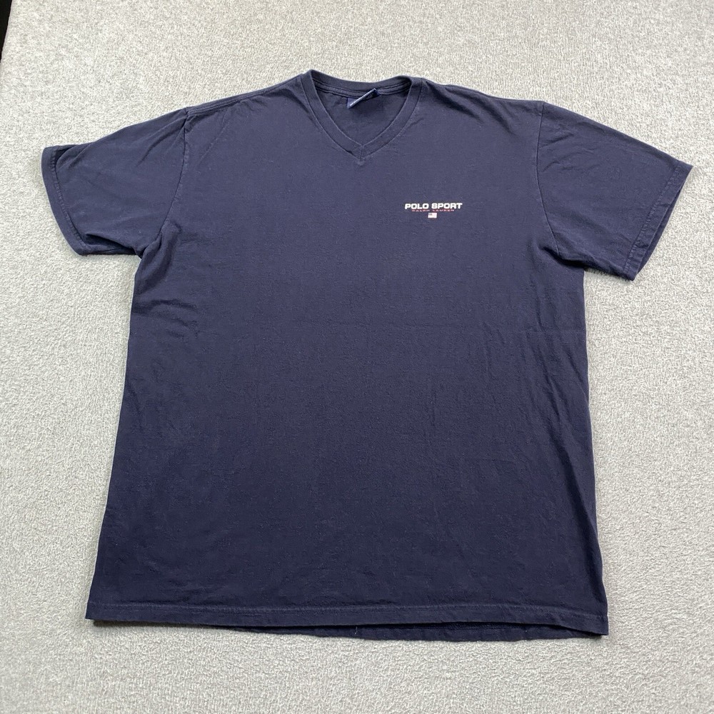 Polo Sport Ralph Lauren Shirt Mens Large V-Neck Cotton Navy Blue Preppy Casual