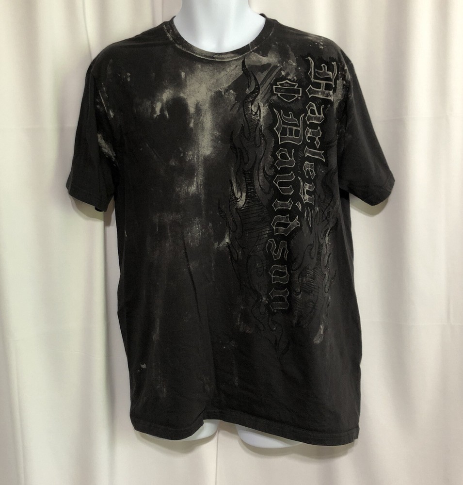 Harley-Davidson T-Shirt Mens XL Black Excellent Acid Wash Gothic Flames Ohio
