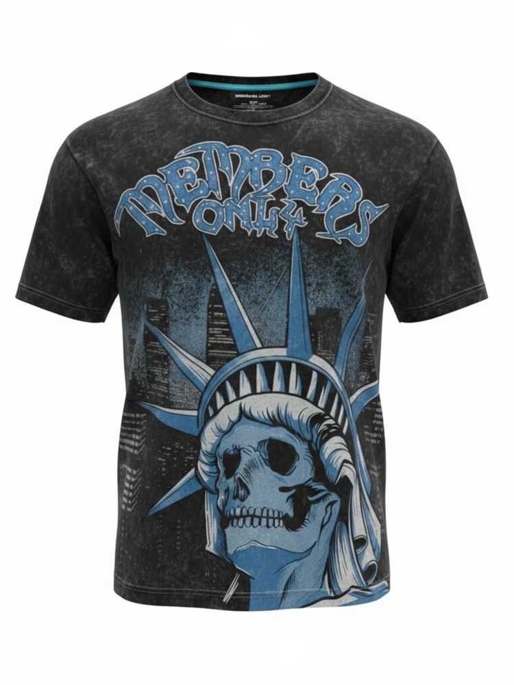 Members Only Men’s “Dead Liberty” Skull Graphic T-Shirt Acid Wash Black/Grey XL