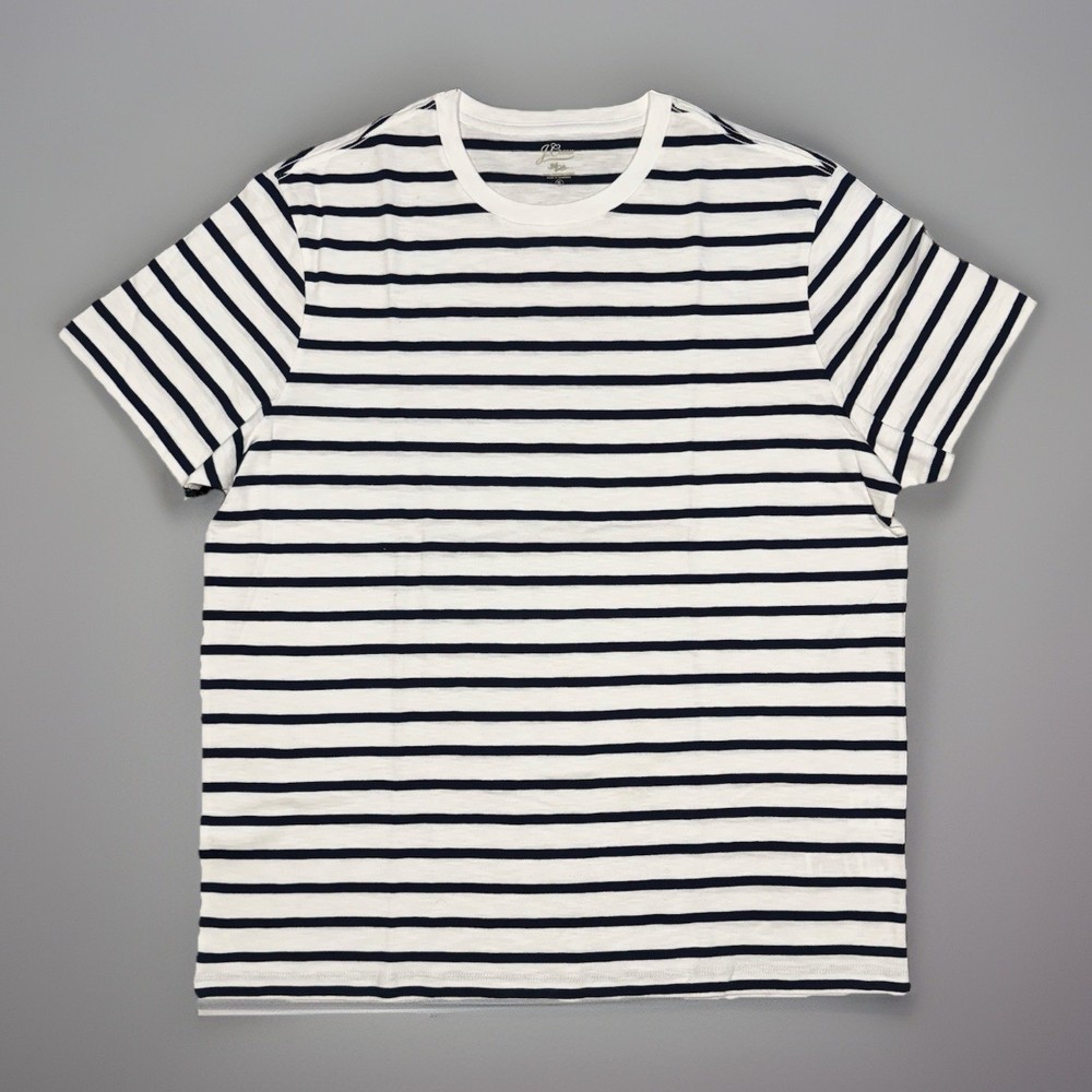 J.CREW Men’s WHITE/NAVY Club Cotton Yarns Striped Casual Crew Collar Tee XL