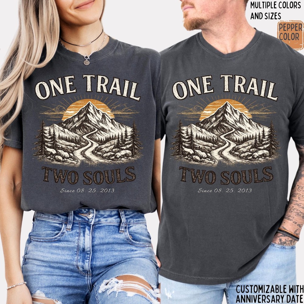 Personalized “One Trail Two Souls” Mountain Shirt | Custom Couple Anniversary