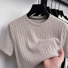 Business Casual Ribbed T Shirt For Men Short Sleeve Soft Fabric Comfortable Fit