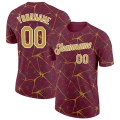 Custom Burgundy Old Gold Abstract Crackle Sports Tee Personalized Jersey