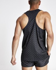 River Island Mens Black RI Monogram Racer Slim Fit Sleeveless Mesh T-shirt