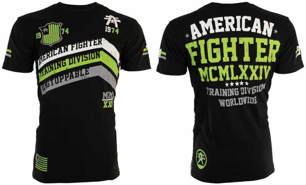 AMERICAN FIGHTER Corner Black Neon Green Athletic Mens Crewneck T-shirt S-3XL