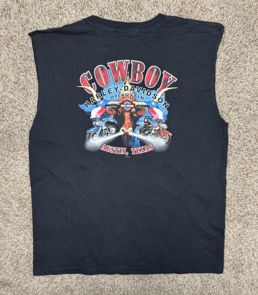 Harley Davidson Shirt Sz 2XL Austin Texas Smoking Bull Cut Sleeves Distresed Y2K