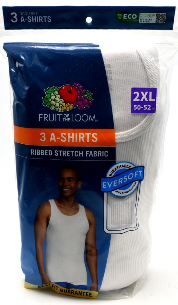 3 White 2XL 50-52 Inch A-Shirt Tanks Fruit Of The Loom 2EG 127-132 CM