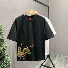 Men’s White Embroidery 100% Cotton O-Neck T-Shirt Korean Style Tee