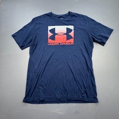 Under Armour T-Shirt Men’s Large Navy Blue Red Logo Graphic Loose Fit Athletic
