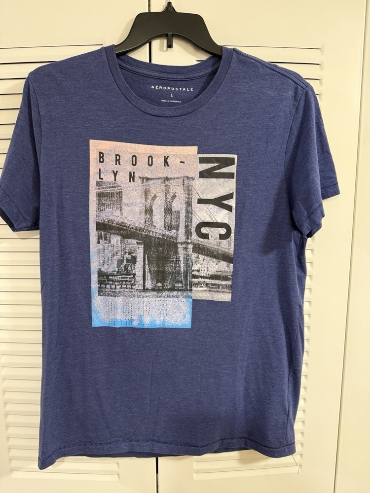 Aéropostale Men’s T-Shirt Blue L NYC Brooklyn Graphic Print Crew Neck Short