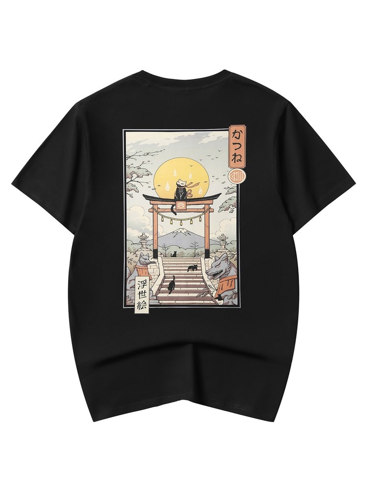 Niepce Japanese Streetwear T-shirt Temple of Cats Print Graphic Tee for Men