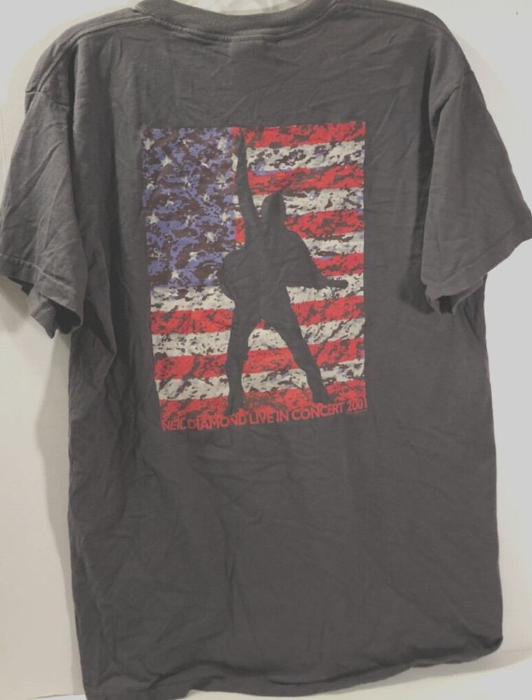 Neil Diamond Live Concert 2001 Vintage Gildan Pop Rock USA Flag Gray T-Shirt L