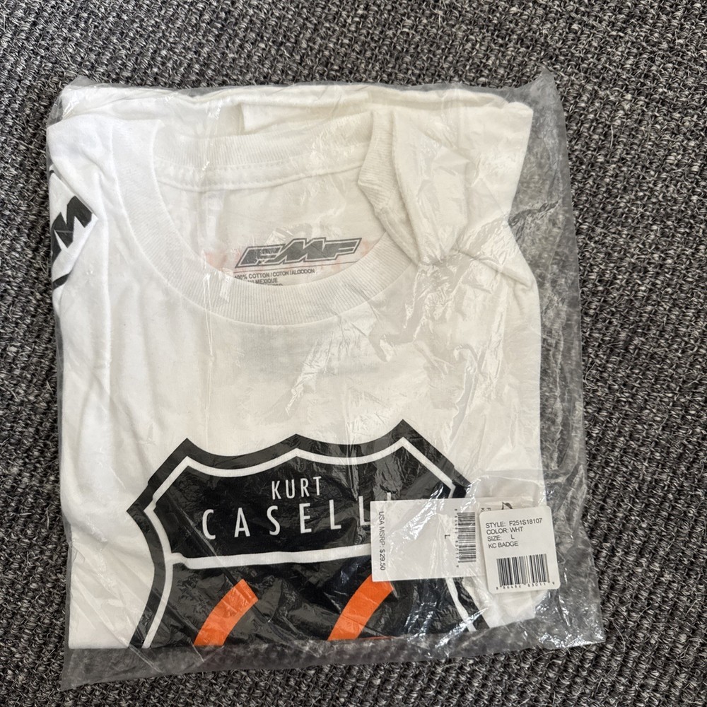 FMF Kurt Caselli Dirt Bike Moto White T-Shirt Large Badge 66 Limited Edition Ktm