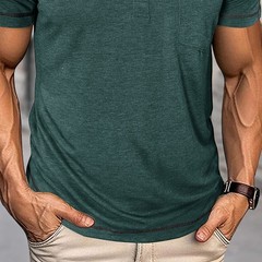 Men Short Sleeve Solid Half Open Collar T-shirt Button Pullover Casual Tee