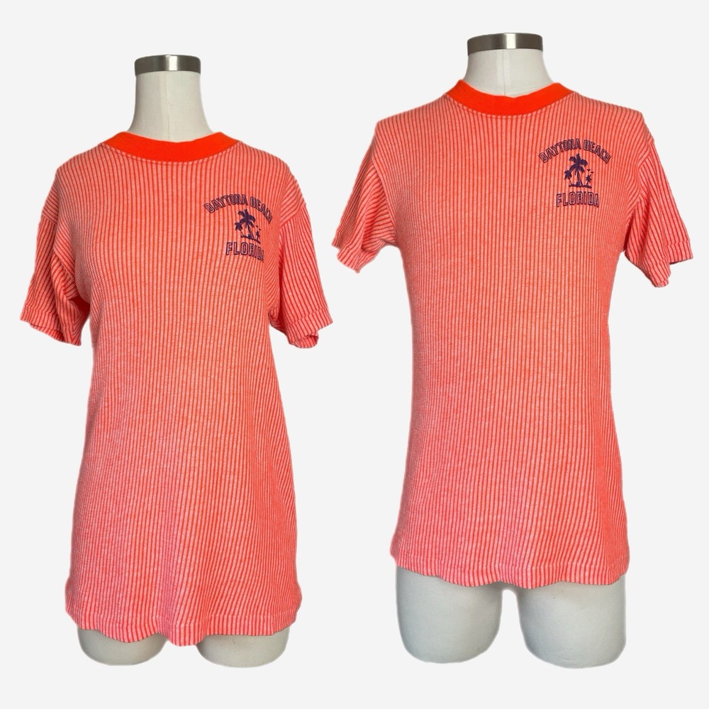 Vintage Daytona Beach Florida neon orange white knit ringer tee retro resort L