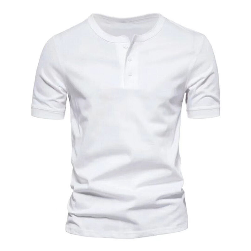 New Mens Henley Grandad Solid T Shirts Tee Summer Short Sleeve Casual Loose Tops