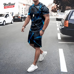 Plus Size Irregular Geometric T-Shirt Shorts 2-Piece Set Quick Drying Loose Men’